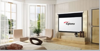 A designer room in daylight with an Optoma screen